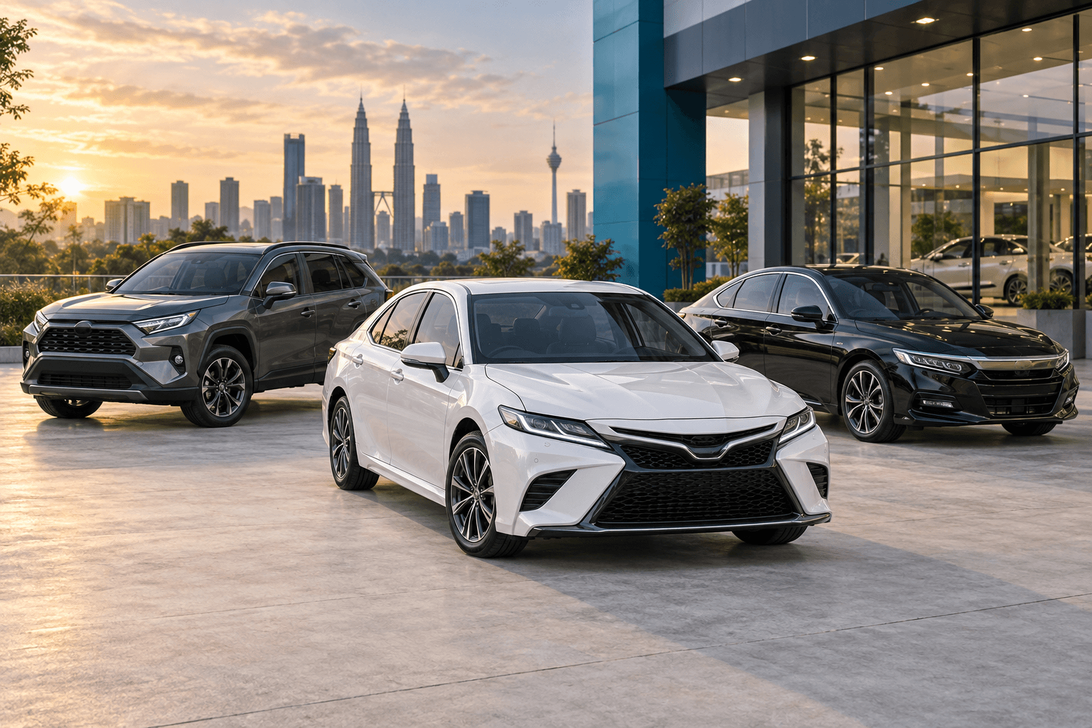 Three illustrative vehicles outside a premium Malaysian dealership